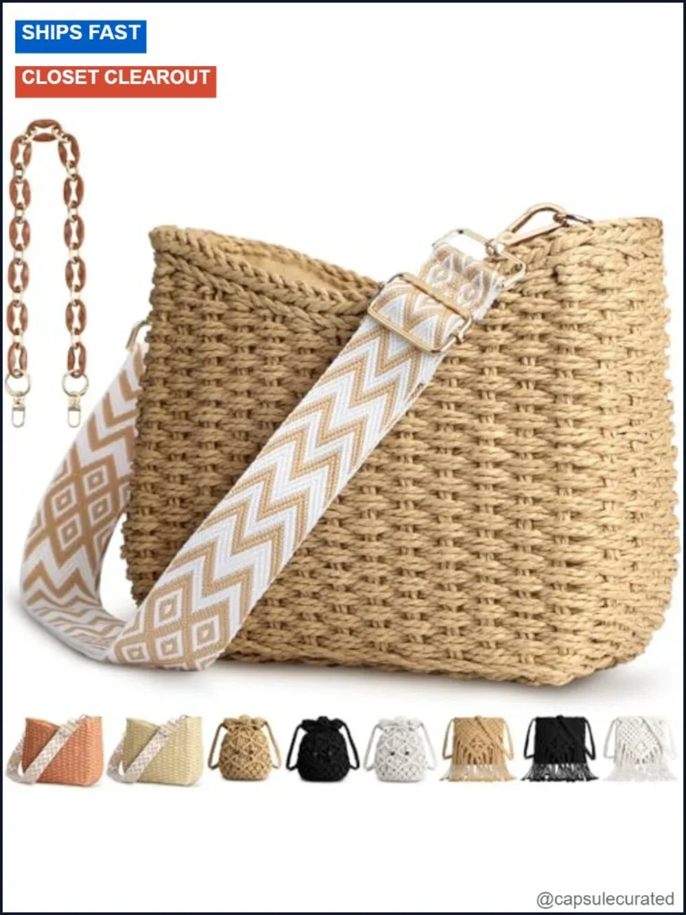 Natural Straw Woven Hobo Crossbody Bag with Chain and Removable Straps